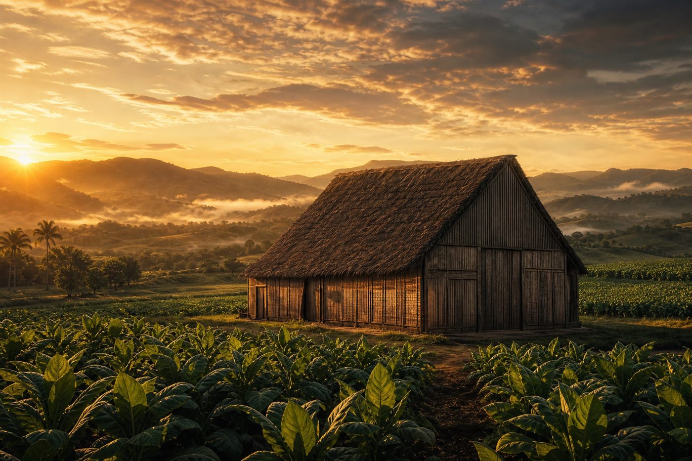 Cazador de Sueños - Valle de tabaco en República Dominicana con rancho de curado tradicional al amanecer legado familiar