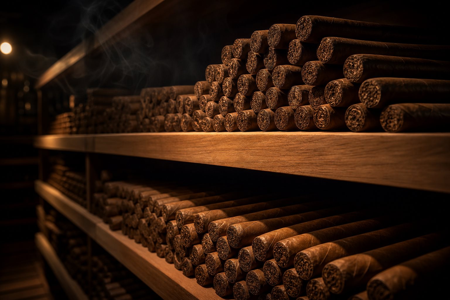Cazador de Sueños - Cigarros reposando sobre estantes de cedro en cava en penumbra añejamiento premium dominicano