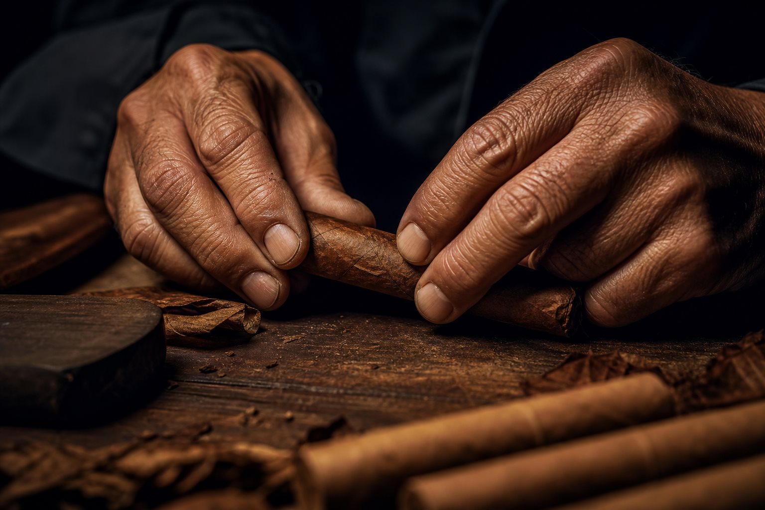 Cazador de Sueños - Manos de maestro tabaquero torciendo cigarro sobre madera artesanía tradicional dominicana