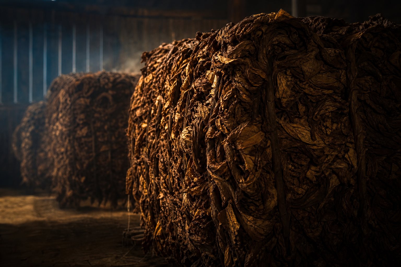 Cazador de Sueños - Pilones de tabaco fermentando en rancho en penumbra proceso tradicional dominicano